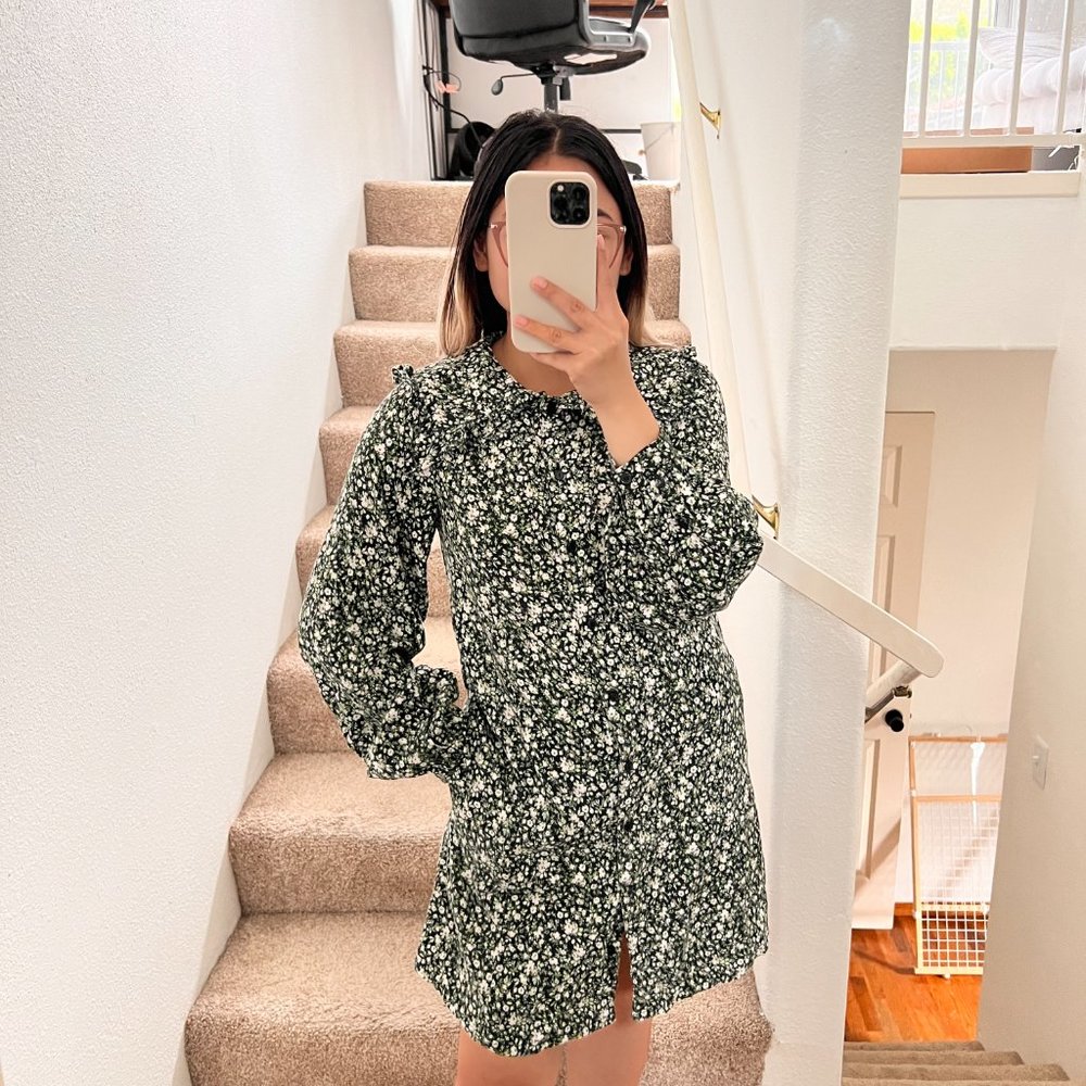 & Other Stories Green Statement Collar Floral Mini Dress EU 36 / US 4